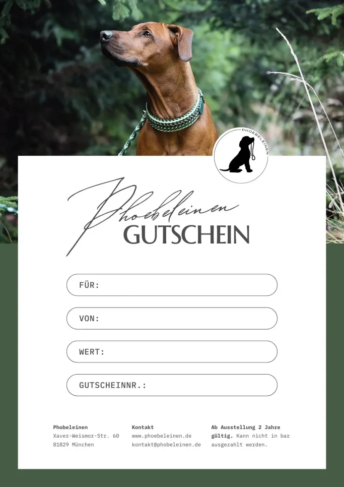 Gutscheine Gutscheine für den Kauf bei Phoebeleinen. Hundeleinen und Hundehalsbänder selbstgeflochten aus Paracord